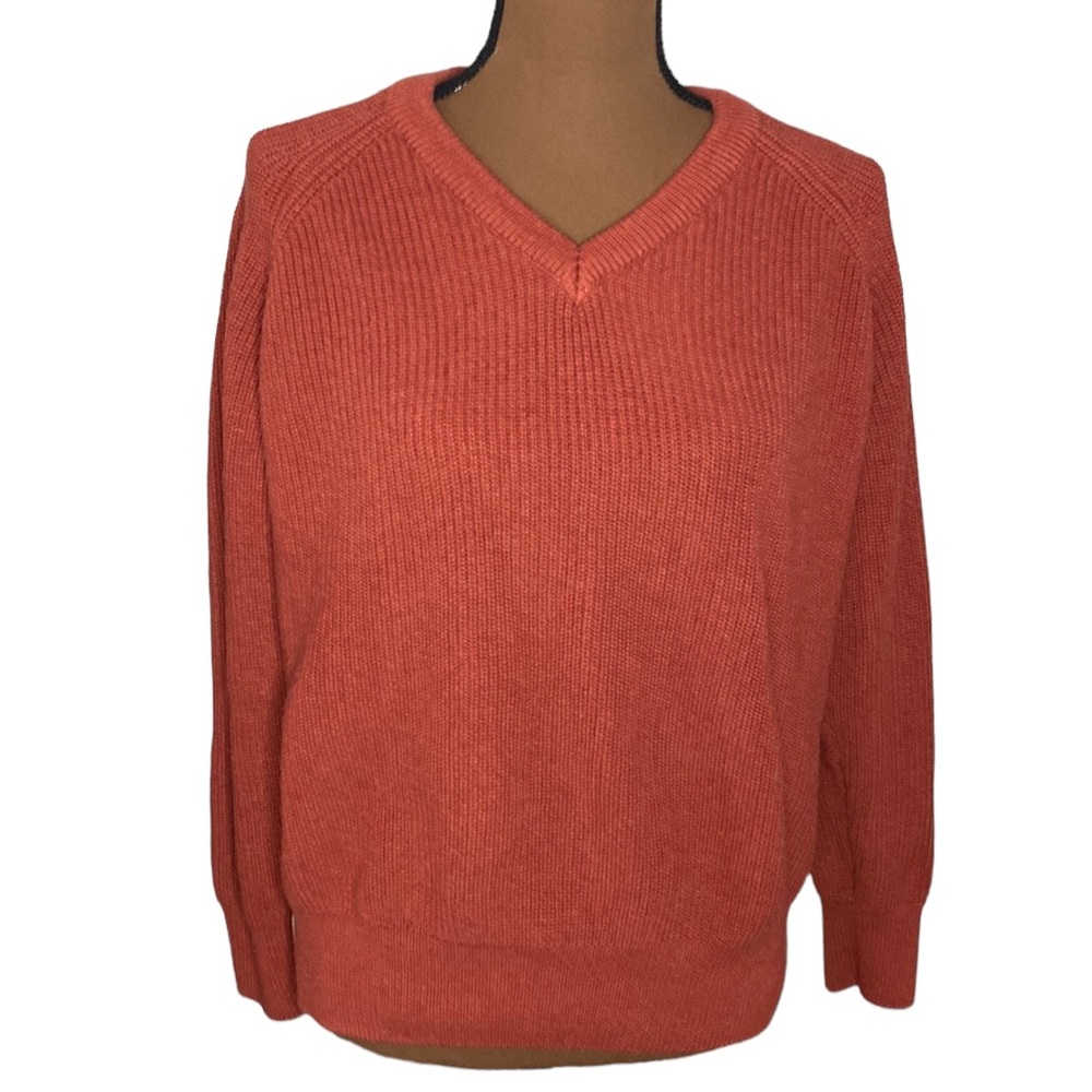 Paul James cotton ribbed v-neck sweater in rust hue size S